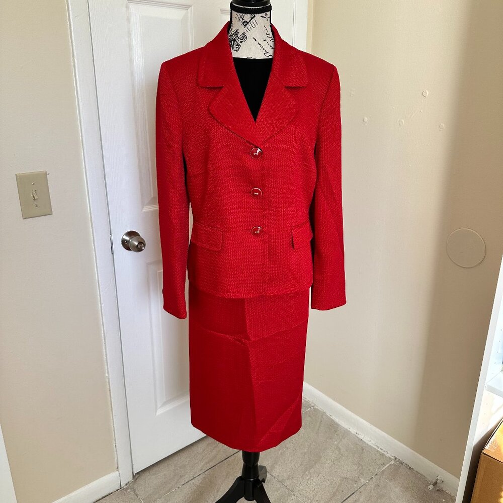 Kasper Red 2PC Skirt Suit Set Textured Blazer Pencil Skirt Size 16